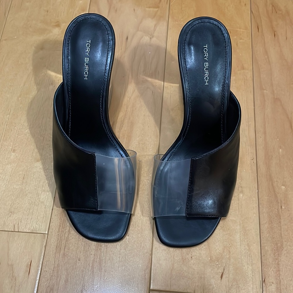 Tory Burch asymmetrical heel mule sandal in black and clear size 7